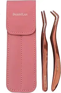 Eyelash Applicator Tweezers 2 Pcs Tool For False Eyelash Application & Lash Extensions, Mistake-Proof Lash Placement Tweezers For Professional And Diy Use, With Pink Leather Case