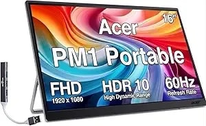 Acer pm1 16" Portable Ips Monitor With 6ms Response Time, Anti-Glare, 220 Nits Brightness, hdr10, Built-In Speakers, Mini Hdmi & Dockztorm Usb Port Expander, Black/Silver Color (Um.zp1aa.j05)