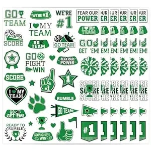 Green Team Spirit Temporary Tattoos - 170+ Team Spirit Tattoo Decorations, Sport Party Favors Supplies, Cheerleading Glitter Sport Game Stickers For School Event(6 Sheets)