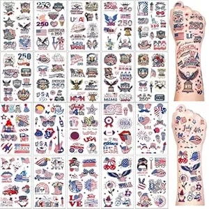 180pcs 4th Of July Temporary Tattoos, Fourth Of July America Flag Red White &Blue Face Patriotic Tattoo Stickers, 250th Anniversary Independence Day Party Decorations And Usa Party
