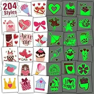 Partywind 204 Styles Glow Valentine'S Day Tattoos For Kids Classroom, Individually Wrapped Sheets Valentines Temporary Tattoos For Party Supplies Favors Decorations, Heart Decor Tattoo Stickers