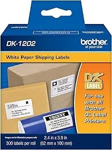 Brother Genuine DK-1202 Die-Cut Shipping Paper Labels, Long Lasting Reliability, 300 Labels Per Roll, (1) Roll Per Box