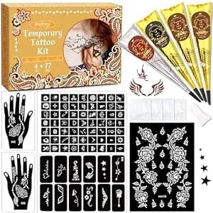 Temporary Stencils Tattoos Kit, 4 Pcs Tattoo Inks 3 Color (1 Black 2 Maroon 1 Cherry Red) With Gloves Brush Tool,Diy Body Art Skin Painting Designs For Women Men Kids Party Gifts
