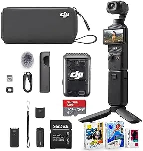 Dji Osmo Pocket 3 Creator Combo Bundle With Clip-On Transmitter/Recorder, Wide Angle Lens, Battery Handle, Mini Tripod, Carrying Bag + 128gb Micro Sd Card, Photo/Video Editor Software Package