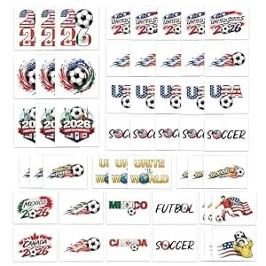 World Soccer 2026 Temporary Tattoos - Usa Mexico Canada Football Theme - Watch Party Favors - Soccer Fan Tattoos - 52 Pack
