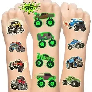 86 Pcs Monster Truck Car Temporary Tattoos For Teen Boys Gift Ideas, 12 Sheet Glow In The Dark Fake Tattoo Stickers Set, Cute Birthday Party Favors, Decoration Supplies & Rewards