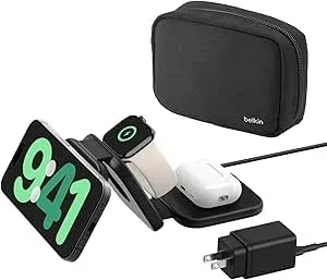 Belkin Magsafe Charger Compatible 3-In-1 Magnetic Charging Travel Pad 15w-Boostcharge Pro Foldable qi2-Certified Wireless Charger, Magsafe-Compatible Charger For Iphone 16 Series, Apple Watch, Airpods