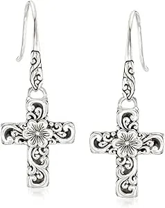 Ross-Simons Sterling Silver Bali-Style Floral Cross Drop Earrings
