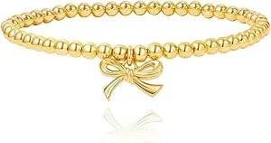 Cicy Bell Beaded Bracelets 18k Gold Plated Womens Bow Bracelets Stretch Trendy Charm Cute Dainty Bowknot Bracelet Friendship Vacation Jewelry Accessories