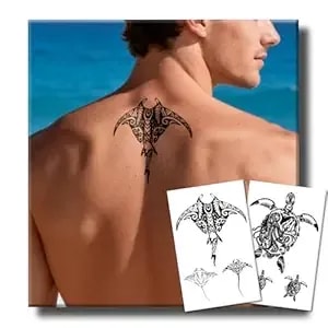 Tribal Semi Permanent Tattoo, Realistic Manta Ray & Sea Turtle Temporary Tattoos For Back Chest Shoulder, 2 Sheets Black Ink Ocean Large Tattoos, Lasts 1-2 Weeks, Waterproof & Non-Reflective