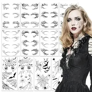 12 Sheets Halloween Face Temporary Tattoos Eye Shadow Eyeliner Tattoo Stickers Makeup Kit, Spider Web Skull Bat Tattoos For Women Girls Halloween Masquerade Carnival Makeup Decoration Party Favors
