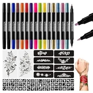 Oiomniv Temporary Tattoo Markers, 15pcs Body Markers Dual-End For Teens Adults, 62 Tattoo Stencils Temporary Tattoos Stickers, Glitter Metallic Matte Tattoo Pens, Flexible Brush Tip, Skin Safe