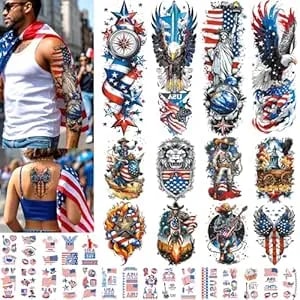 32 Sheets Independence Day Temporary Tattoo, Usa Flag Patriotic Waterproof Fake Tattoos, Red White Blue Party Supplies Temp Tattoo Kits 4th Of July Memorial Day, Veterans Day