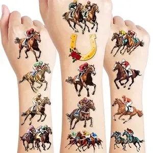 96pcs Kentucky Derby Precut Horse Racing Temporary Tattoos Party Favors Themed Birthday Party Decorations Supplies DéCor Run For The Rose Tattoo Stickers Gifts For Game Boys Girls Classroom School