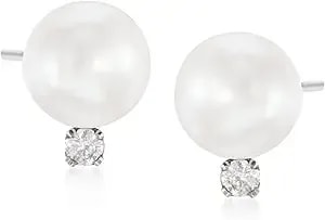 Ross-Simons 7-7.5mm Cultured Akoya Pearl And .10 Ct. T.W. Diamond Earrings In 14kt White Gold