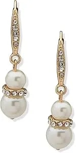 Anne Klein Gold And Pearl French Wire Earring Featuring Double Pearl Drop With Crystal Accents