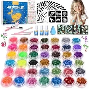Temporary Glitter Tattoo Kids, Bledras 42 Glitter Colors Glitter Tattoo Kit,210 Unique Stencils,3 Glue,5 Brushes,6 Stickers, Glitter Tattoos For Kids,Adults,Boys Girls Birthday Party Halloween