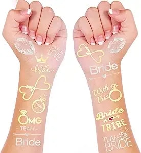Katchon Metallic Bride Tribe Tattoos - 34 Pieces - Gold Bride Tattoos For Bachelorette Party And Bridal Shower Decorations - Silver, Gold Party Supplies