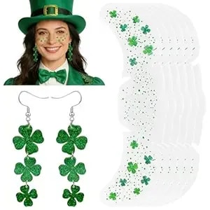 Mysense St Patricks Day Accessories,Shamrock Dangle Earrings,6pcs Glitter Freckles Temporary Tattoos Face Stickers,Irish Festival Green Accessories For Saint Patrick’S Day Outfit Women Girls