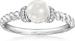 Ross-Simons 5.5-6mm Cultured Pearl Ring With Diamonds In Sterling Silver