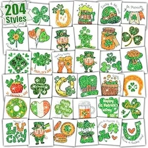 Partywind 204 Pcs Glitter St Patrick'S Day Temporary Tattoos, Saint Patrick'S Day Shamrock Accessories Decorations For Irish Green Day Party Supplies, Clover Goodie Bag Stuffers