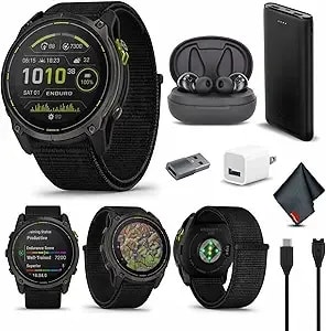 Garmin Enduro 3, Solar, Sapphire Multisport Gps Smartwatch Carbon Gray Dlc Titanium With Black Ultrafit Nylon Strap, 90 Days Battery, Built-In Led Flashlight, Bundle