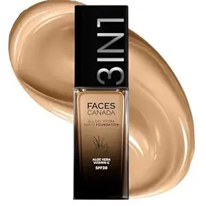 Faces Canada All Day Hydra Matte Foundation - 3-In-1 Foundation + Moisturizer + Spf 30 - 24 Hr Aloe Hydration & Vitamin C - 10hr Long Wear - Medium To High Buildable Coverage - Honey Beige 031 - 25ml