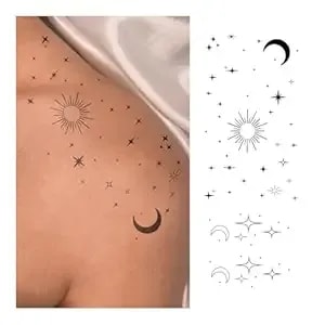 Celestial Temporary Tattoos – Realistic & Long-Lasting Sun Moon Star Minimal Fake Tattoos, Waterproof Semi-Permanent Body Stickers For Shoulder, Neck, Collarbone