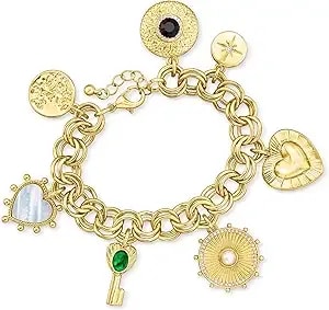 Ross-Simons 14kt Yellow Gold-Plated Charm Bracelet With Simulated Gemstones And .20 Ct. T.W. Czs. 7 Inches