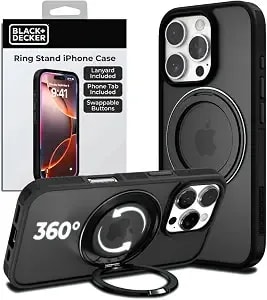 Black+Decker 360°Spin Magnetic Stand For Iphone 16 Pro Case, Compatible With Magsafe Protective Stylish For iphone16 Pro Case For Women, Ostand Kickstand Rotatable, Lanyard, Extra Buttons, Black
