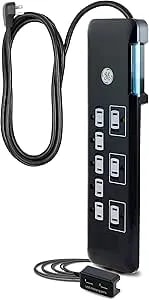 Ge Ultrapro 8 Outlet Surge Protector With Usb Charging Dock, 2 Usb Ports, 2160 Joules, 4' Cord, Black, 34117