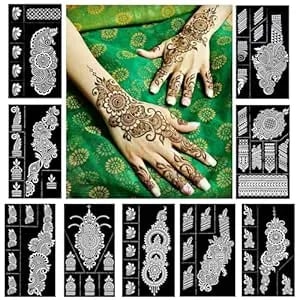 Reusable Henna Tattoo Stencils Kit, Mehendi Stencils For Hands Forearm Glitter Airbrush Diy Tattooing Template,9 Sheet Indian Temporary Tattoo Stickers For Women Girls（8.2" X 4.7"）