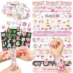 96 Pcs Bachelorette Party Favors For Bride To Be – 72 Pre-Cut Temporary Tattoos & 24 Slap Bracelets, Hen Party Accessories, Team Bride Decorations & Supplies