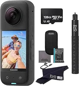 insta360 X3 - Waterproof 360 Action Camera With 1/2'' 48MP Sensors, 5.7K HDR Video, 72MP Photo, 4K Single-Lens, 60fps Me Mode, 2.29''Touchscreen, AI Editing - Bundle Includes Selfie Stick&128GB, Black
