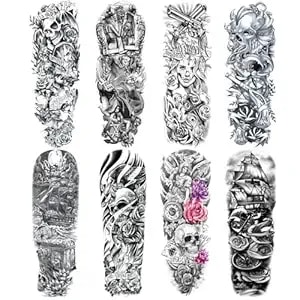 Pirate Skull Fake Tattoo Sleeve For Men, Full Arm Realistic Flower Skeleton Kraken Gun Temporary Tattoo Sleeve Women Adult, Large Black Octopus Sailboat Temp Tatoo Sticker Leg Body Art Makeup, 8-Sheet