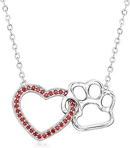 Ross-Simons 0.20 Ct. T.W. Garnet Heart And Sterling Silver Paw Print Necklace. 18 Inches