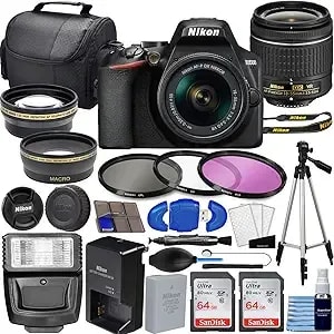 Nikon d3500 Dslr Camera With Af-P 18-55mm Vr Lens Kit, 2x 64gb Memory Cards, Wide Angle & Telephoto Lenses, 3pc Filter Kit, Flash, Tripod & Photo Bundle