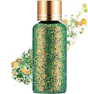 Green Gold Face Body Hair Glitter Gel For St. Patrick'S Day Mardi Gras Festival Rave Accessories, Long Lasting Holographic Chunky Mermaid Sequins Glitter Gel Makeup For Women Men Kids, 1oz
