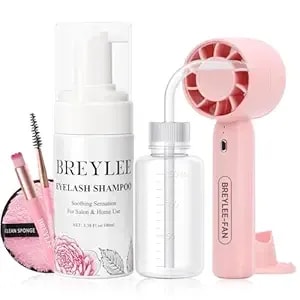 Breylee 100 Ml Lash Shampoo For Lash Extensions, Lash Fan Dryer+Rinse Bottle+Brushes+Cotton Puff, Eyelash Extension Cleanser, Lash Bath Wash Soap Foam Cleaner For Salon And Home Use