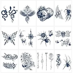 12 Sheets Realistic Semi-Permanent Tattoos For Adults 2-Week Long Lasting Plant-Based Jagua Ink Stickers Waterproof Butterfly & Gothic Snake (Gothic Style)