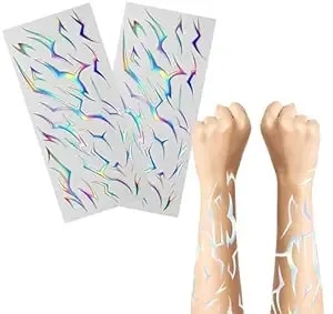 Fantasy Demon Mark Mystic Energy Waterproof Temporary Tattoos 2 Sheets – Silver Holographic Iridescent Rune Decals, Easy To Apply For Cosplay Halloween Music Festival Face Body Art (2)