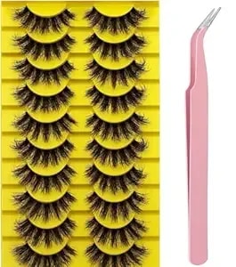 10 Pairs Black False Eyelashes, Reusable Natural To Voluminous Look For Daily & Party Makeup, Includes Pink Eyelash Curler