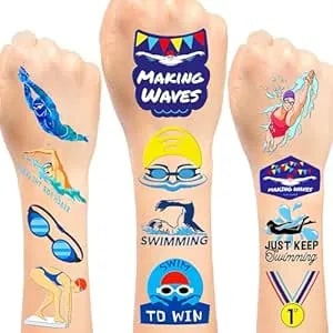 24 Sheets (144 Pcs) Swimming Swim Team Temporary Tattoos Stickers, Swimming Swim Team Pool Sport Making Waves Party Favors Supplies Birthday Decorations Gifts For Swimmers Kids Teens Boys Girls