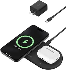 Belkin 2-In-1 Wireless Charging Pad W/ qi2 15w + Additional Usb-C Port - Magsafe-Compatible Charger, Charging Station For Iphone 16 & 15 Series, Samsung Galaxy s25 Series, Airpods, & More - Black