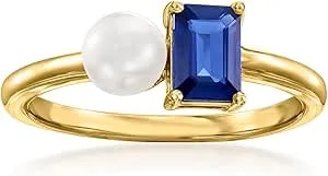 Ross-Simons 5mm Cultured Pearl And .50 Carat Sapphire Toi Et Moi Ring In 14kt Yellow Gold