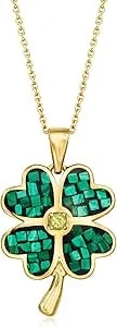 Ross-Simons Carved Malachite Inlay 4-Leaf Clover Pendant Necklace With .10 Carat Peridot In 18kt Gold Over Sterling. 18 Inches