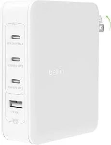 Belkin 4-Port Charger Block 140W, Gan Charger USB-C Power Delivery Fast Charge & USB-A Port - Macbook, Apple Iphone 17, Air, Ipad, Samsung Galaxy S25, Google Pixel 10, Nintendo Switch 2 & More - White