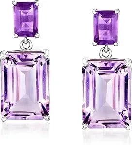Ross-Simons 15.70 Ct. T.W. Emerald-Cut Amethyst Drop Earrings In Sterling Silver