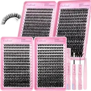 Fadlash Lash Clusters Kit 1040 Pcs 60d+80d+80d+100d Natural Eyelash Clusters D Curl 10-18mm Fluffy Volume Individual Lash Extensions Lash Bond And Seal Lash Tweezer Diy At Home