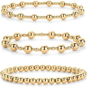 Pavoi 14k Gold Plated Beaded Bracelet Pack For Women - Stainless Steel 3-Piece Stretchy Bracelet Set - Waterproof Ball Trio